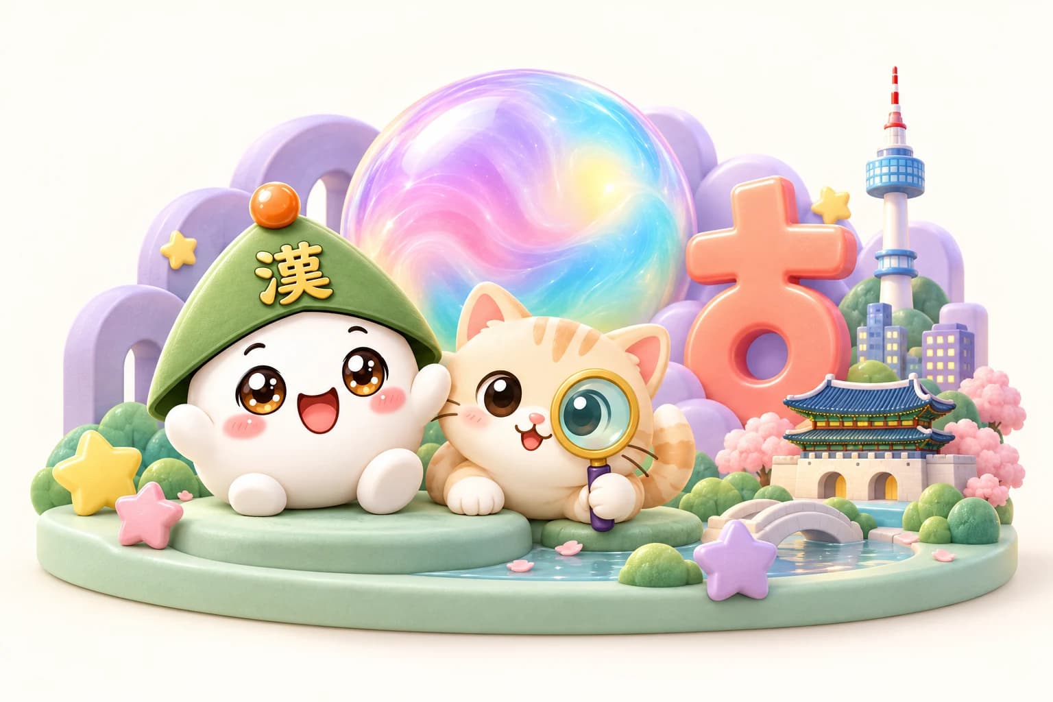 한자팝 캐릭터와 고양이, 무지갯빛 왁뿌볼, 서울 풍경이 어우러진 렛팡의 작은 놀이 세계